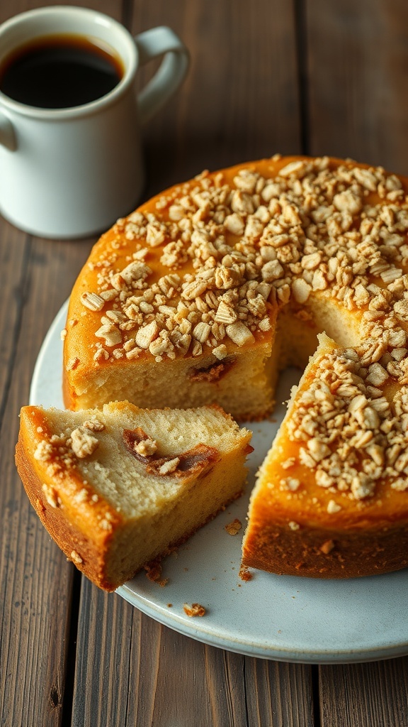 Classic Yeast Coffee Cake Recipe A golden brown yeast coffee cake with a crumbly topping, served with a slice cut out and a cup of coffee.